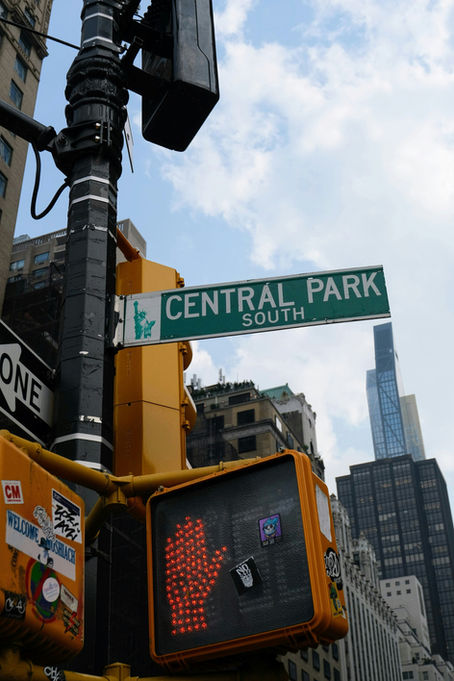 Traffic light with red hand symbol, Central Park South sign, building skyline, stickers on pole; clear sky background. Urban setting.