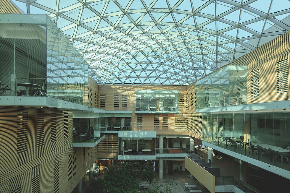 Spacious modern atrium with glass ceilings, wooden walls, and empty glass-walled offices. Sunlight casts geometric shadows. Calm ambiance.