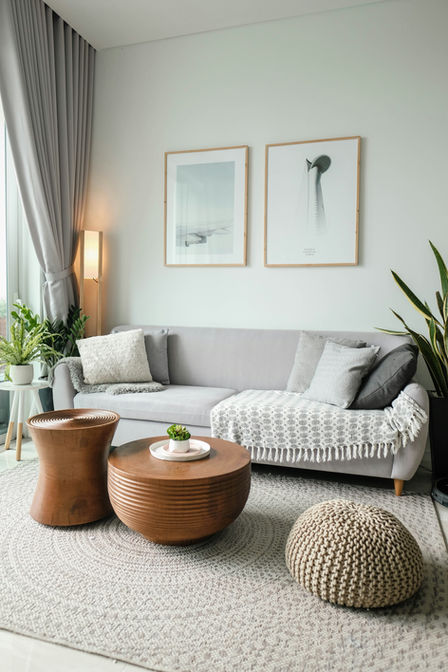 Clean minimalist living room with neutral tones, sofa, and natural lighting in a condo