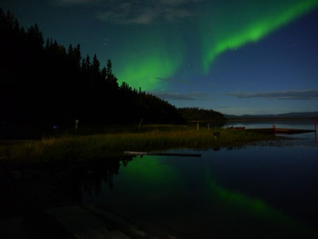 Green northern lights stretching across a dark, star-filled sky.