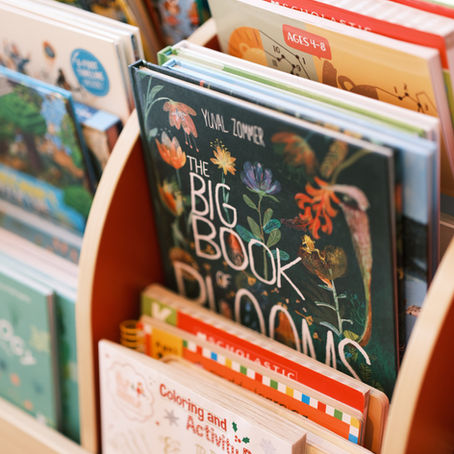 children’s picture books in a wooden display rack, including “The Big Book of Blooms” — highlighting how illustrations support early literacy