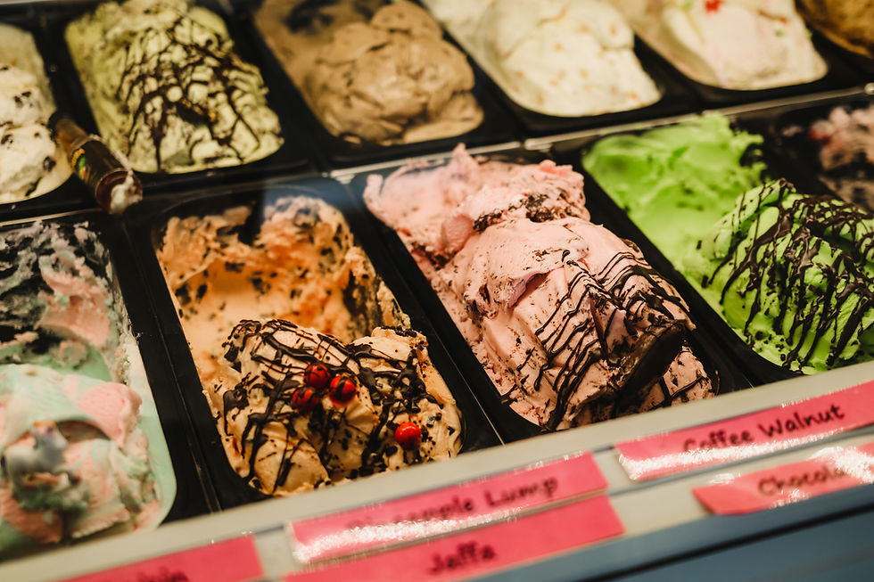 Selection of ice creams at an ice cream counter