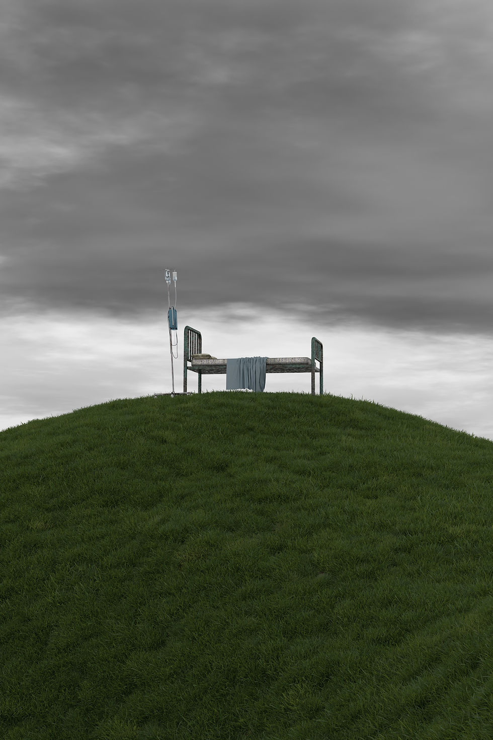A lone bed with an IV stand on a grassy hill under overcast skies, evoking solitude and calm. A gray blanket drapes over the bed.