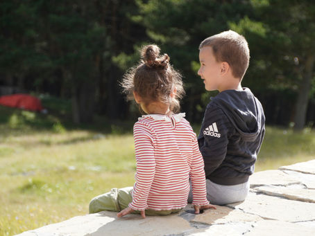 Two children sit on a stone ledge outdoors, facing a grassy field and forest. One wears a striped shirt, the other a dark hoodie.