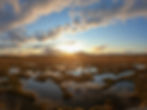 Peat landscape with mountains in the background, blue sky with white clouds reflecting in the water of the peatland