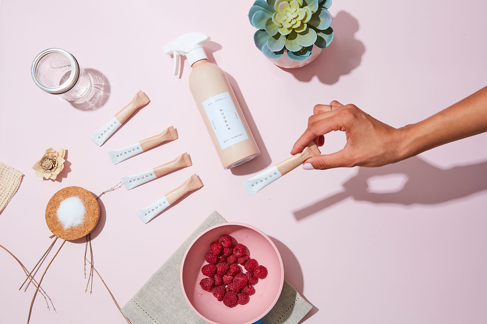 A hand holds a Spruce packet over a pink background. Nearby: a spray bottle, glass of water, succulent, raspberries, and a cork with salt.