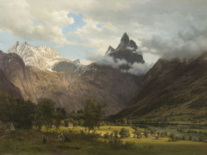 An oil painting of a green valley with fields, houses, and farmers, and a large mountain looming in the background among the clouds.