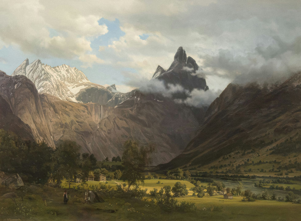 An oil painting of a green valley with fields, houses, and farmers, and a large mountain looming in the background among the clouds.