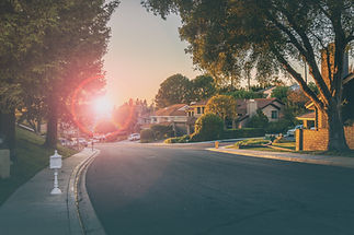 suburban street with morning light shining in the distance and trees; Image by Nikola Knezevic