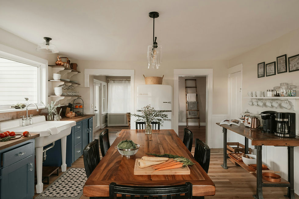A large wooden kitchen table.