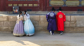 Visitors in rented hanbok at Gyeongbokgung Palace, Seoul