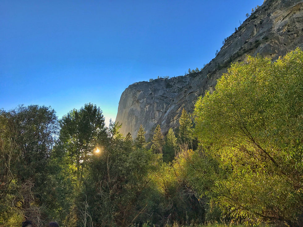 Sun peeping through the trees while backpackers enjoy their Yosemite backpacking permits hiking through Yosemite National Park