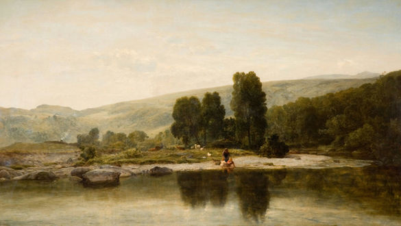 An oil painting of a shepherd boy sitting by the banks of a river, with his sheep grazing behind him in the countryside of rocks, trees, and valleys.