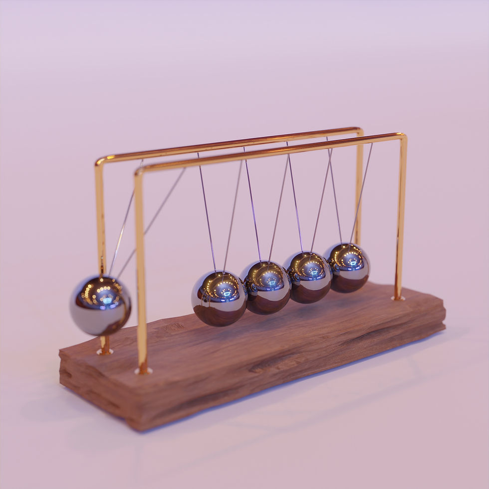 Newton’s cradle demonstrating motion and energy concepts, representing AP Physics 2 studies.