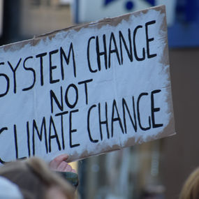 A white cardboard sign reading “System not climate change” in black capital letters.