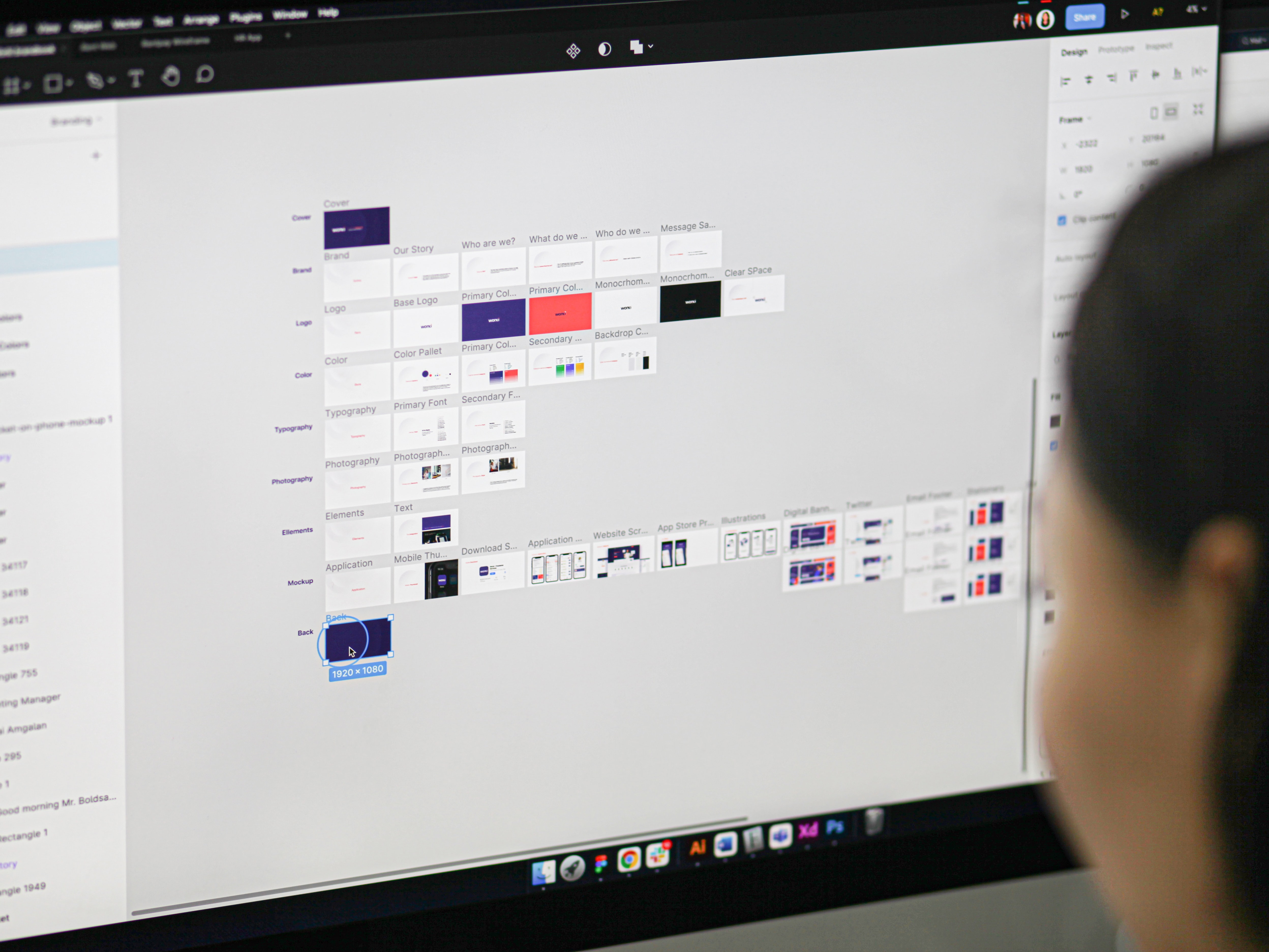 Screen showing a comprehensive digital brand style guide template, including typography grids and logo rules.