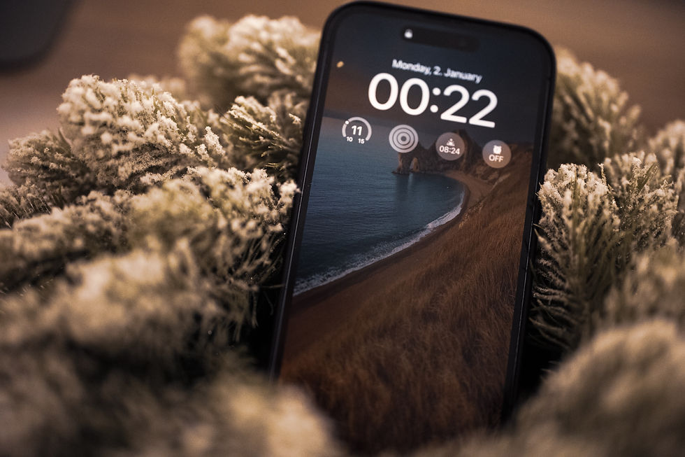 iPhone noir au milieu de fleurs séchées, écran verrouillé affichant 00:22 et lundi 2 janvier, ambiance douce.