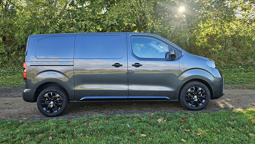 Side profile view of a dark grey modern commercial panel van parked outdoors on a gravel area with green bushes in the background