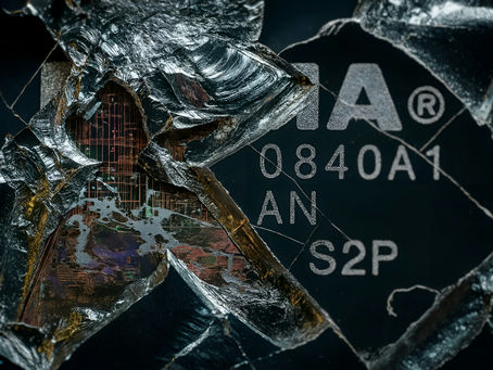 Close-up of a shattered electronic chip, revealing internal circuitry. Visible text: "0840A1 AN S2P". Metallic textures and intricate patterns.