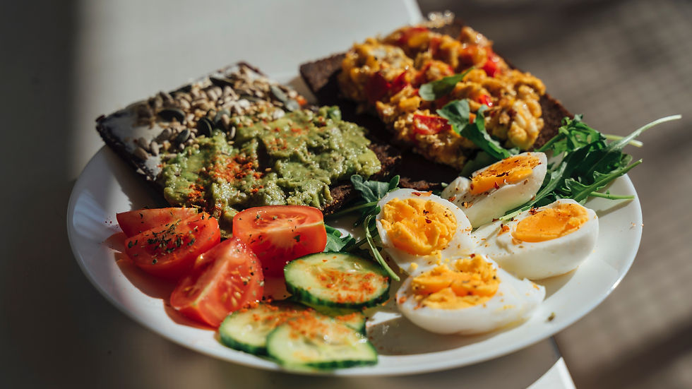 nutrition plate vegetables guacamole bread eggs fibre fat protein carbohydrates
