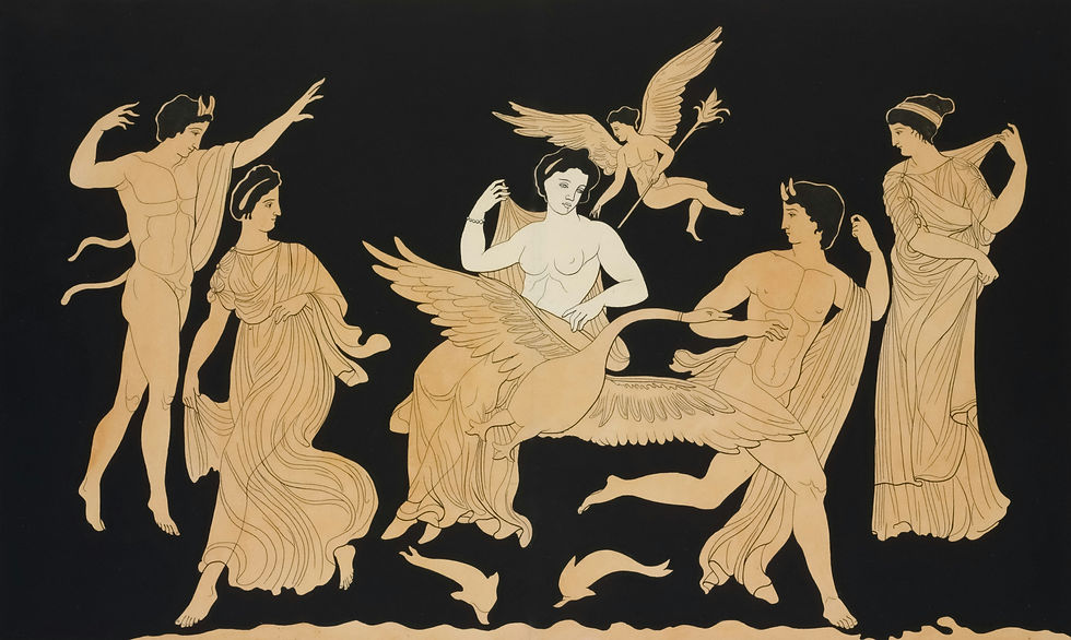 Ancient Greek-style beige figures, including winged dancers, posed in a decorative frieze on a black background.