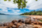 Rocky beach in Ilhabela with clear blue sky and distant palm trees. Waves gently hit the shore. Green leaves hang above, adding a tropical vibe.