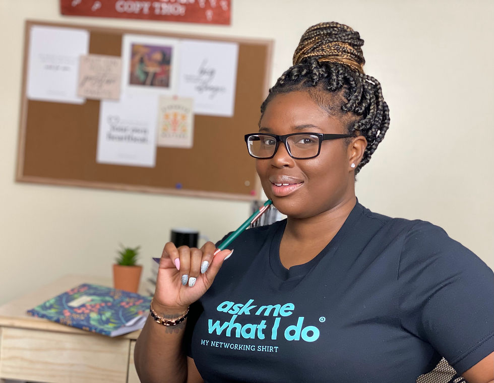 copywriter with shirt that says, "ask me what I do"