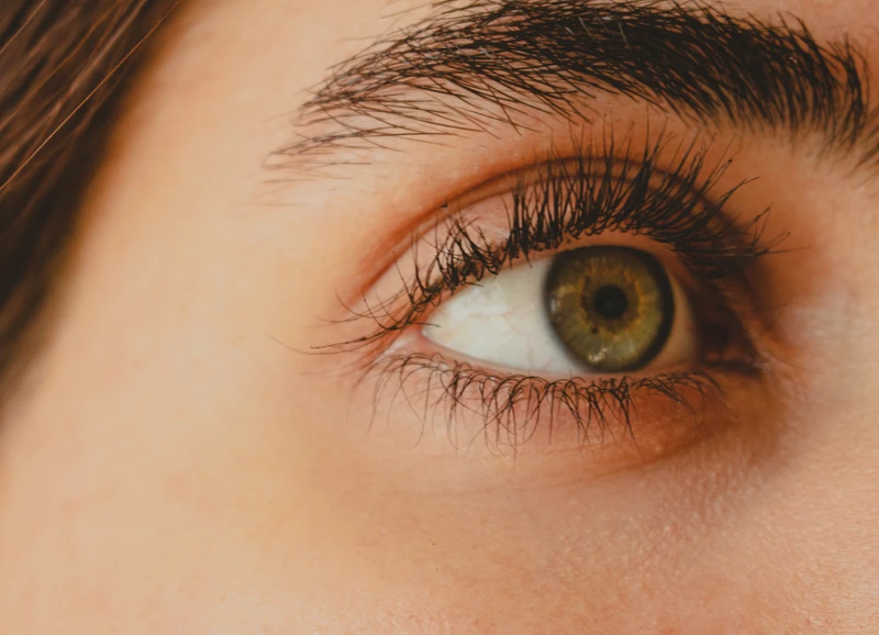 close-up woman with green eyes and dark lifted lashes