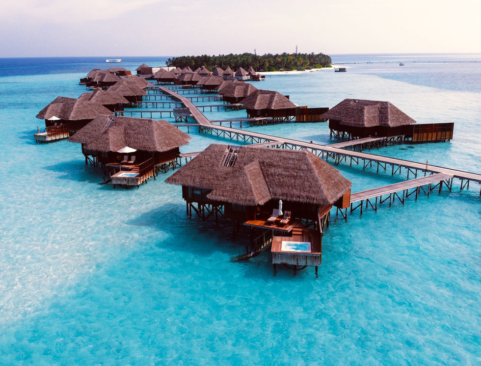 A chain of overwater bungalows in The Maldives.