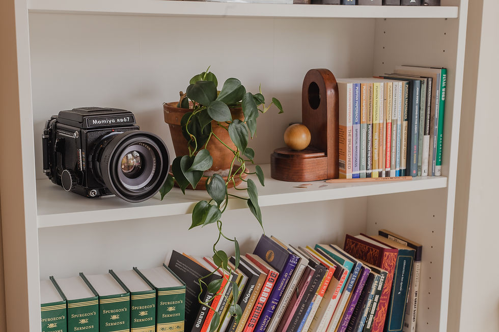 Prateleira branca com câmera Mamiya RB67, planta pendente, livros alinhados e objetos de madeira em tom acolhedor.