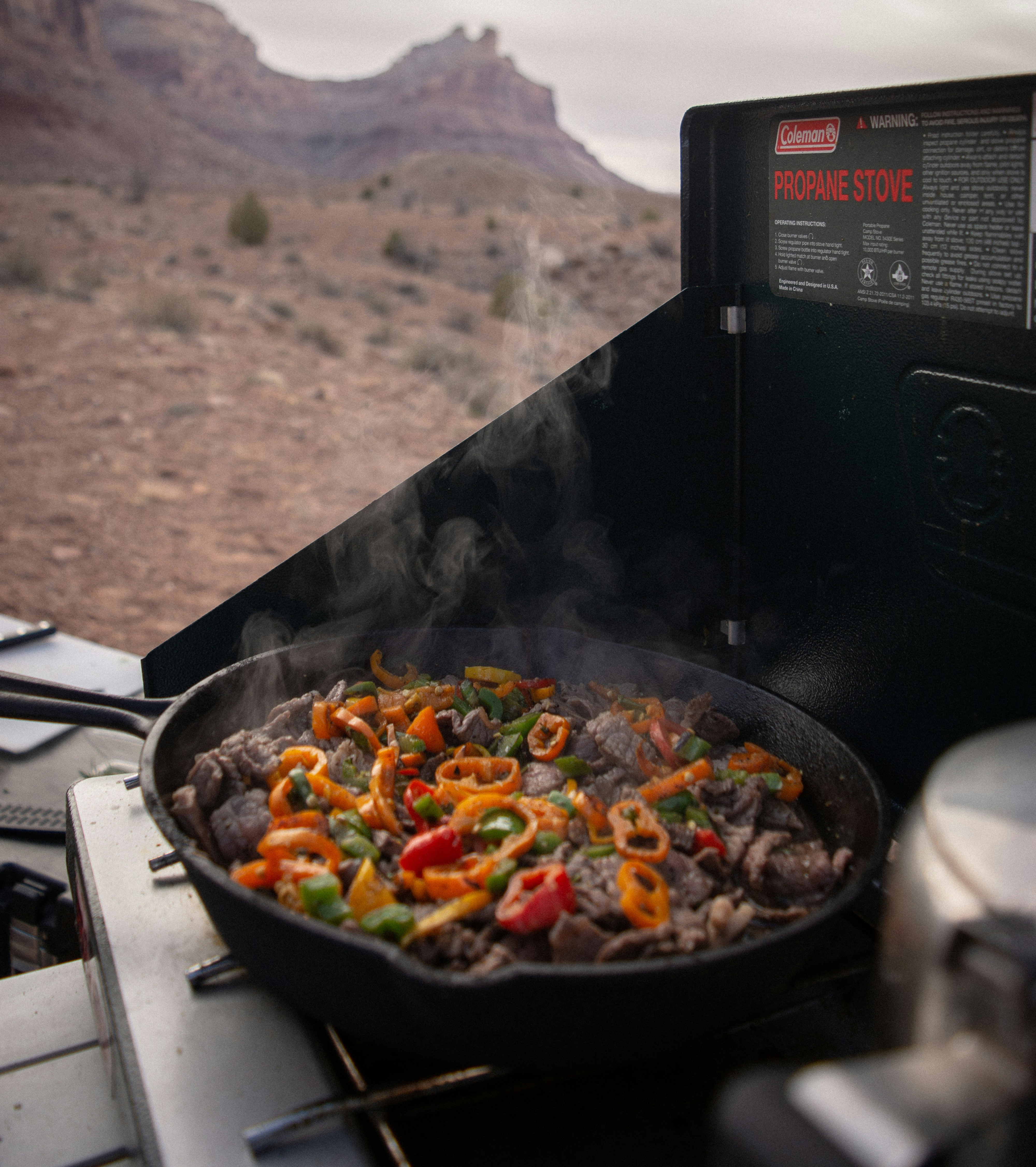 Steaming beef and peppers in a skillet on a Coleman propane stove, with desert mesas under cloudy sky behind.