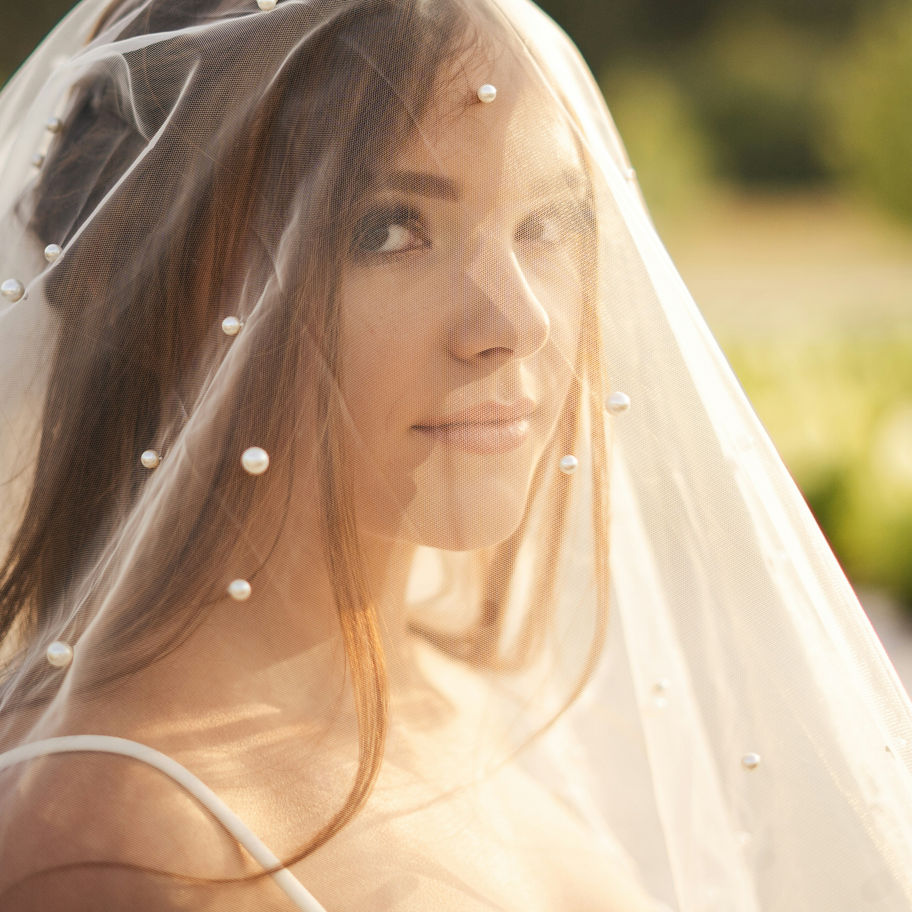 Pearl-Embellished Tulle Bridal Veil