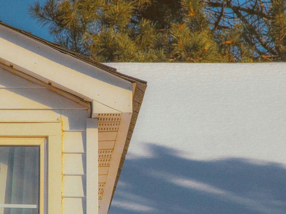 House roof eaves at dusk with pine trees above and a blue sky, warm light on white siding and a calm mood