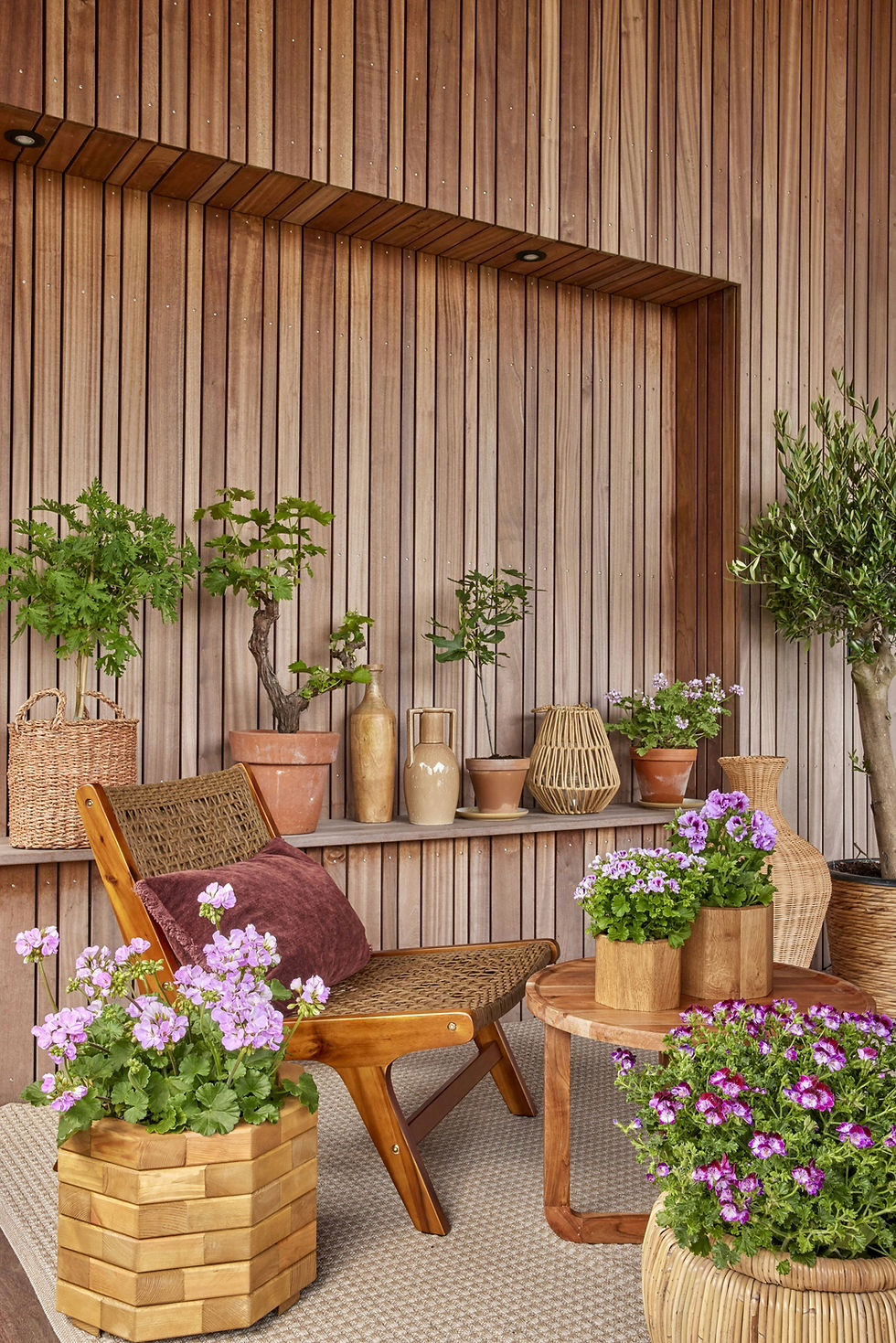 Wooden patio with potted plants on shelves and floor. Wicker chair with pink cushion, pink and purple flowers on wooden table. Cozy vibe.