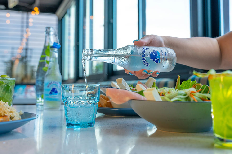 Reusable glass bottles and eco-friendly dining options on cruise ship