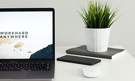 Picture of white desk with laptop, mouse, phone, book and plant.
