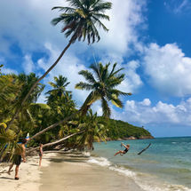 Plage tropicale en Colombie avec palmiers et mer turquoise