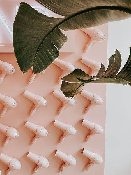 pink wall with mounted blow dryers
