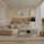 Minimalist beige living room with sofa, kitchen bar, and floor-to-ceiling windows overlooking a lake at dusk.