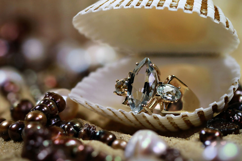 Topaz ring inside a scallop shell