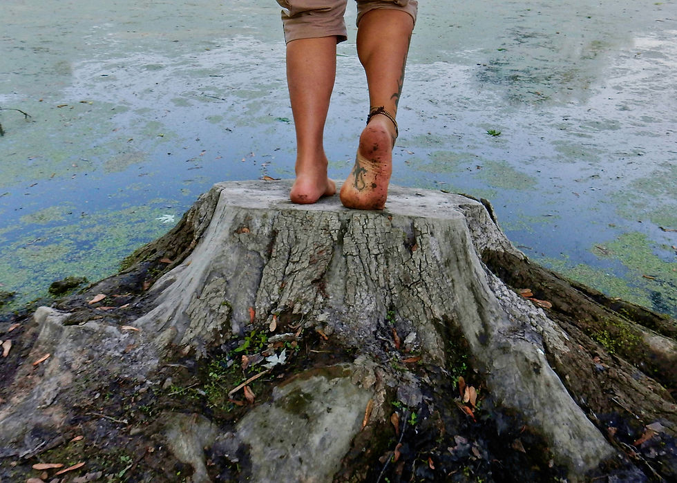 Barefoot person walks on a tree stump by murky water, pants rolled up. Earthy tones and serene mood. Tattoo and anklet visible.