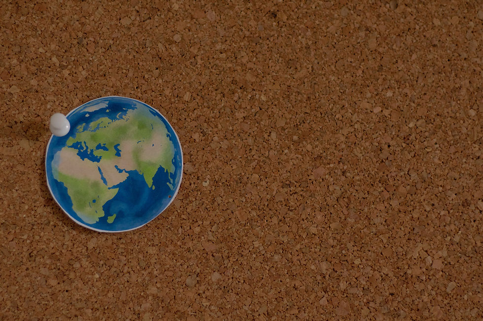 World map pinned to cork board