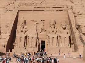 The four colossal statues of Ramesses II at the Great Temple of Abu Simbel, Egypt, carved into the mountain at the Nubian frontier
