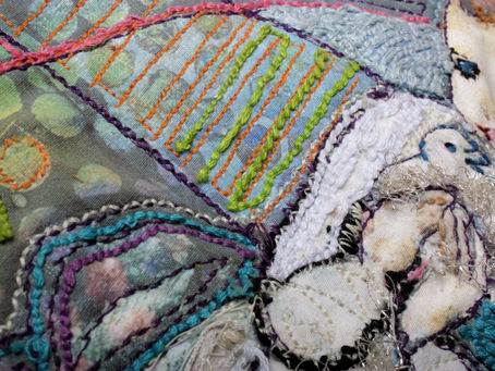 Slow stitching technique on batik fabric