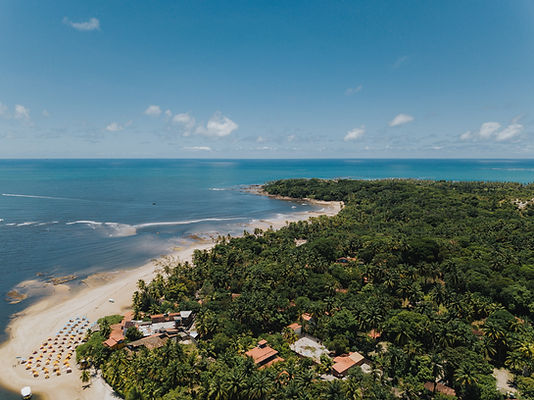 Aerial view of Velha Boipeba and lined by white sand beaches
