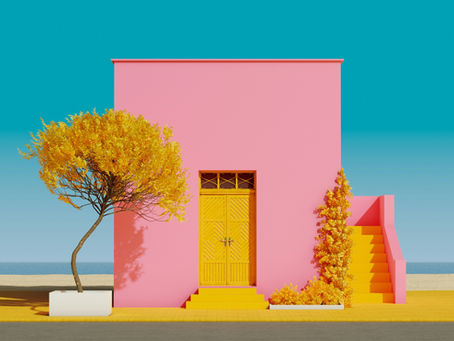 Knallrosa Haus ohne Fenster mit nur einer Tuer in knallgelb. Daneben steht ein gebogener Baum mit knallgelben Blaettern, vor einem hellblauen Himmel