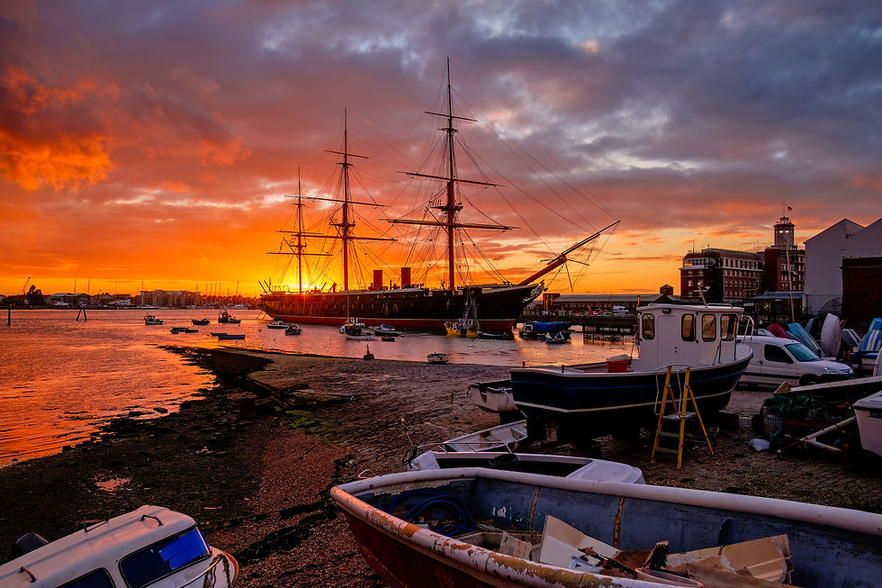 Sunset behind HMS Warrior at Portsmouth Historic Dockyard