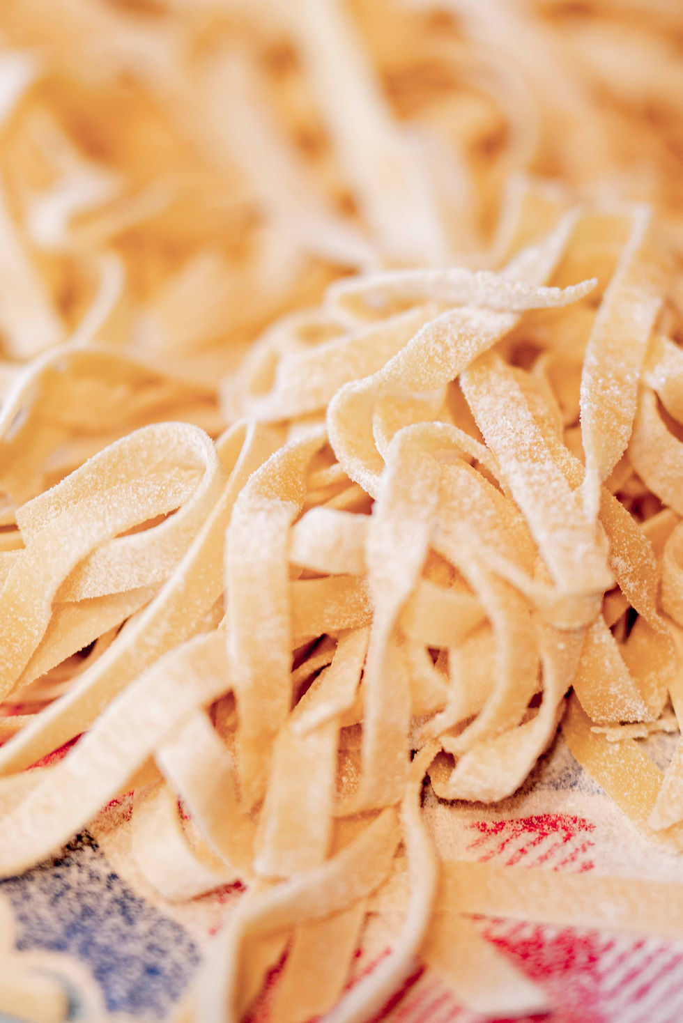 Freshly made fettuccine pasta dusted with flour, in a close-up view. The background features a hint of red and blue patterns.