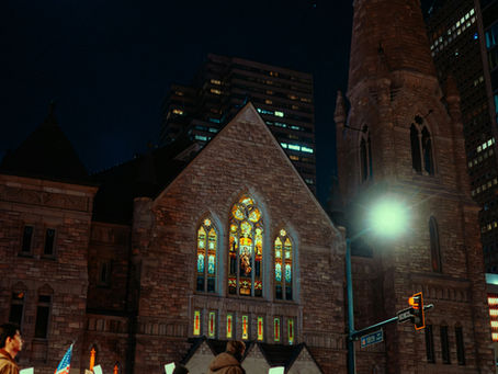 Protest with church in background