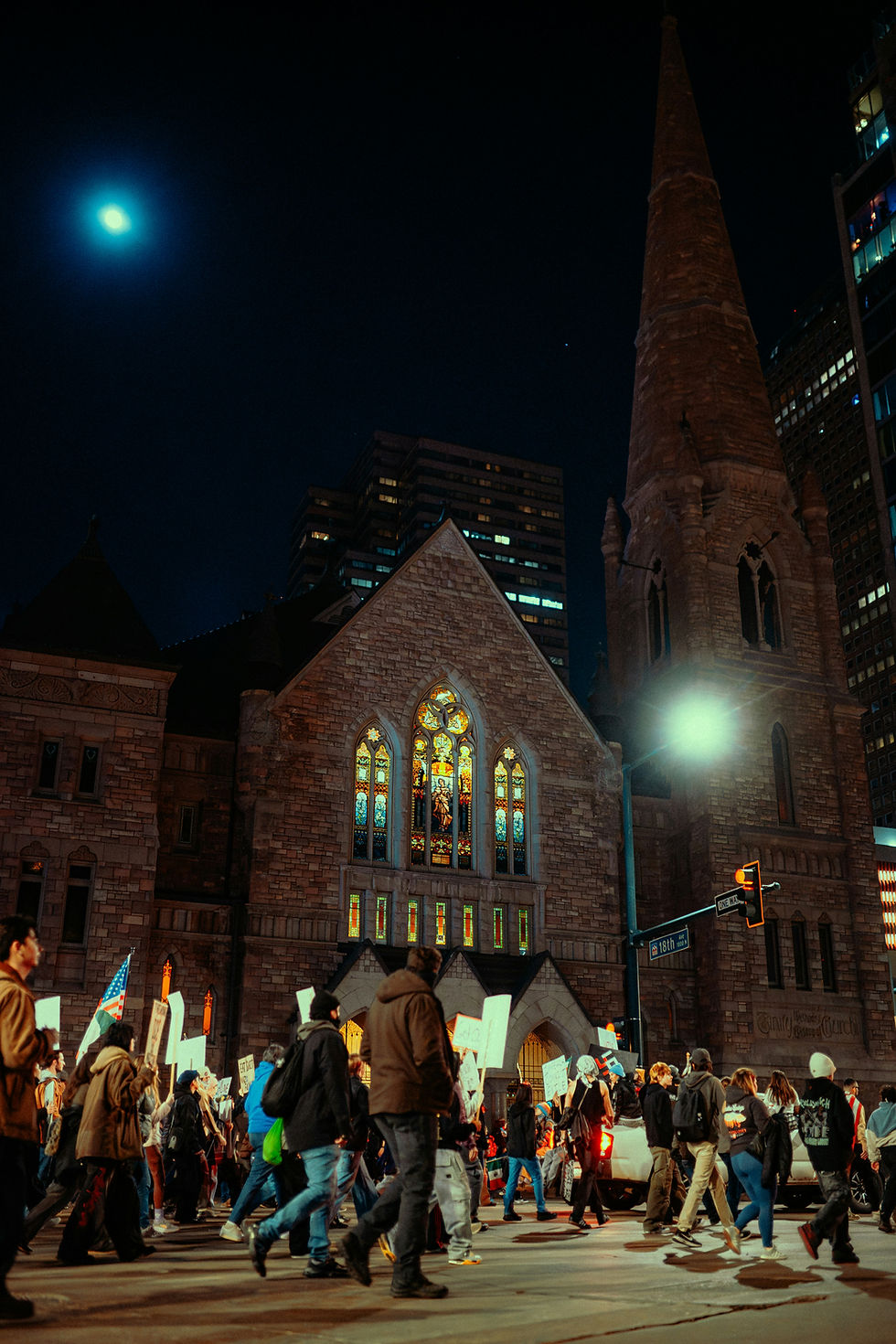 Protest with church in background